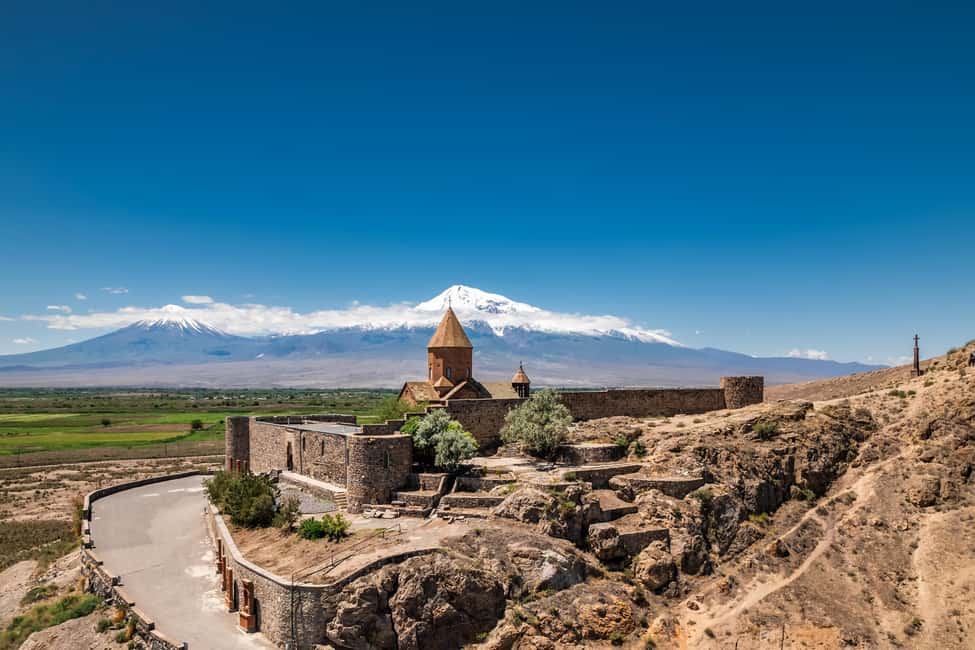 Khor Virap monastery on the plain below Mount Ararat